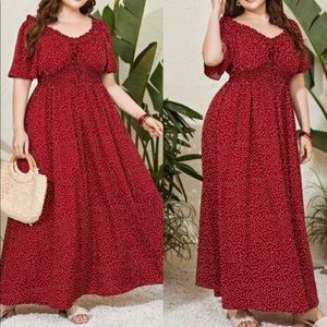 Plus Size Polk Dots Shirred Waist Tie Front Maxi Dress